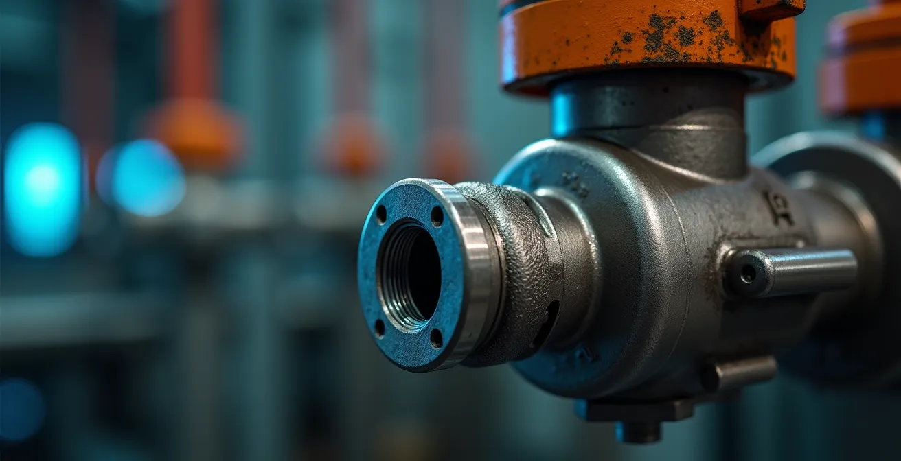 Détail macro d'une valve de régulation industrielle en métal brossé