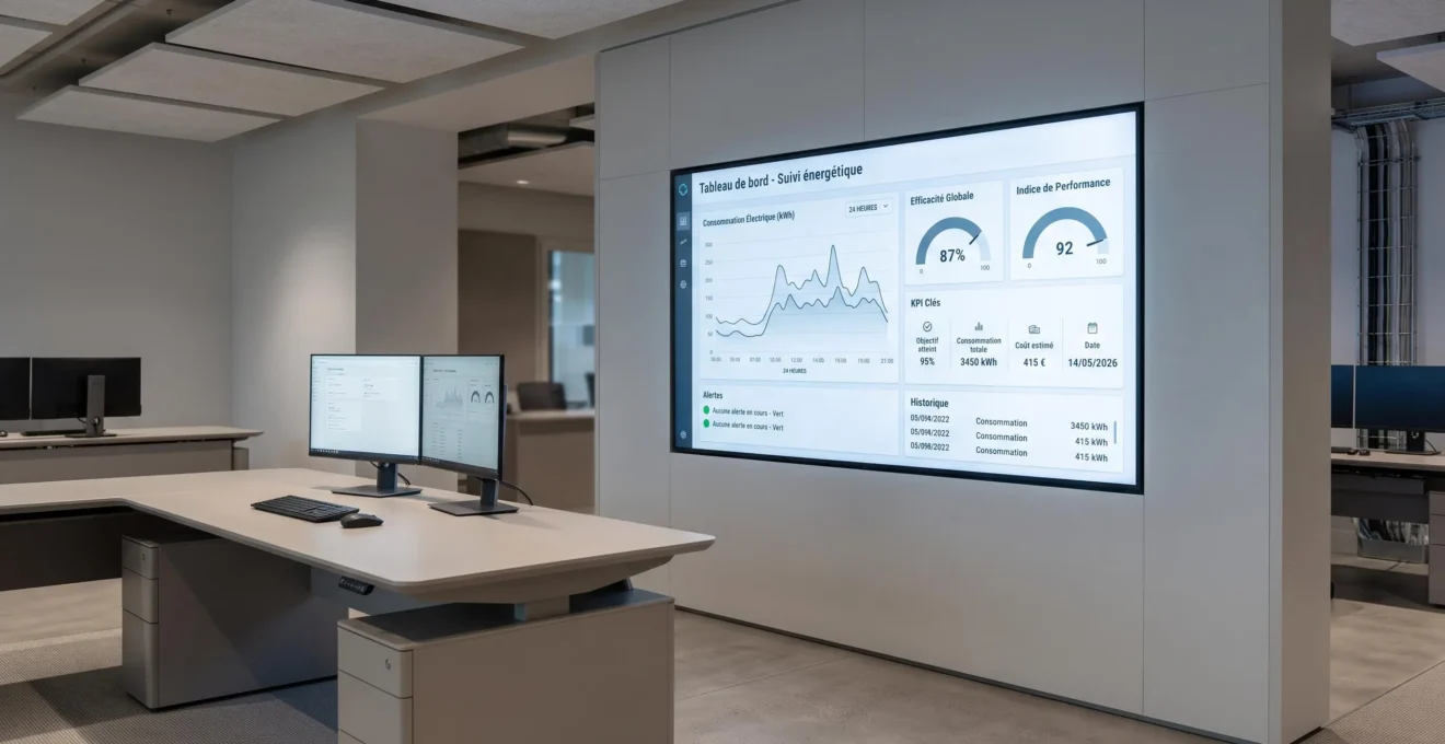 Écran de monitoring énergétique dans salle de contrôle industrielle affichant tableau de bord avec courbes de consommation et indicateurs de performance en temps réel