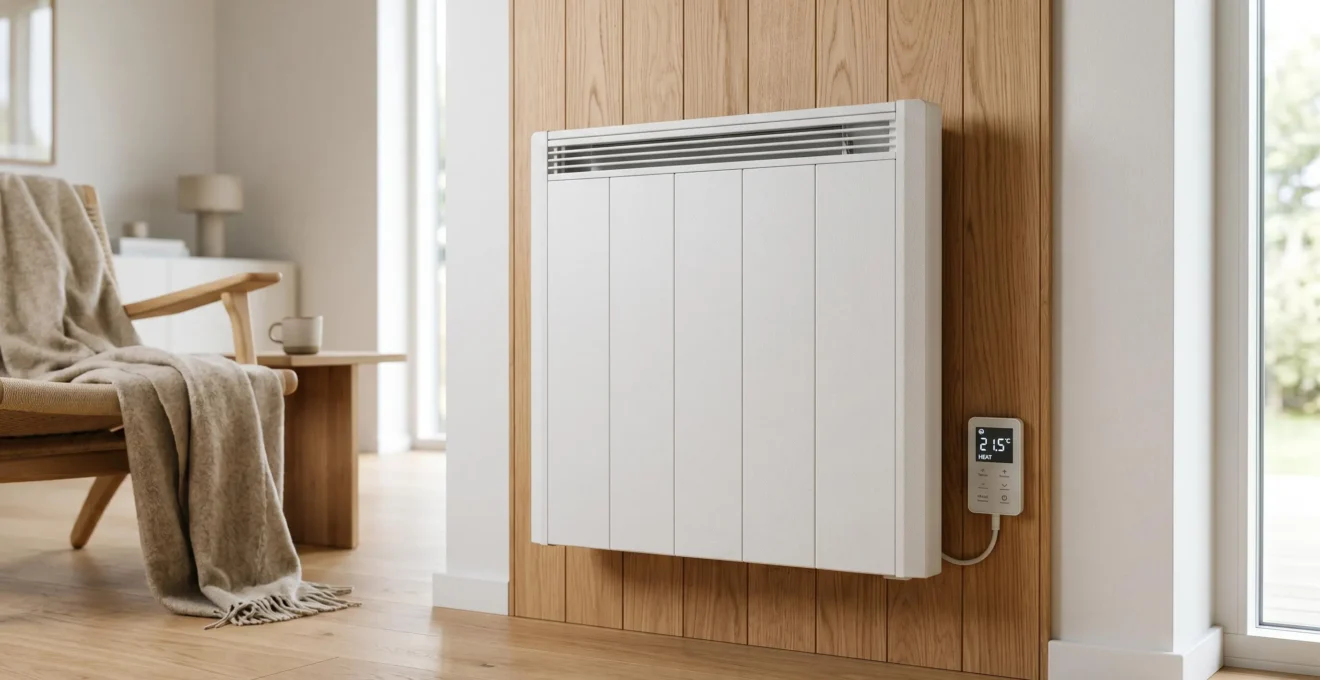 Radiateur électrique moderne installé dans un intérieur résidentiel contemporain avec éléments de contrôle visibles
