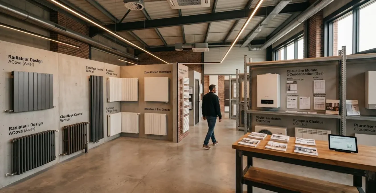 Showroom professionnel d'équipements de chauffage avec radiateurs et éléments chauffants exposés dans un environnement contemporain