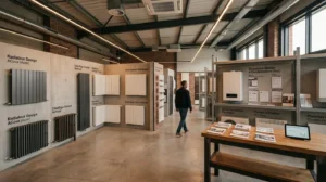 Showroom professionnel d'équipements de chauffage avec radiateurs et éléments chauffants exposés dans un environnement contemporain