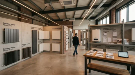 Showroom professionnel d'équipements de chauffage avec radiateurs et éléments chauffants exposés dans un environnement contemporain