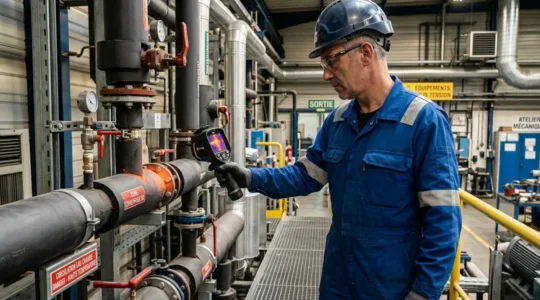 Technicien spécialisé utilisant une caméra thermique pour auditer des installations de chauffage industriel dans une usine française