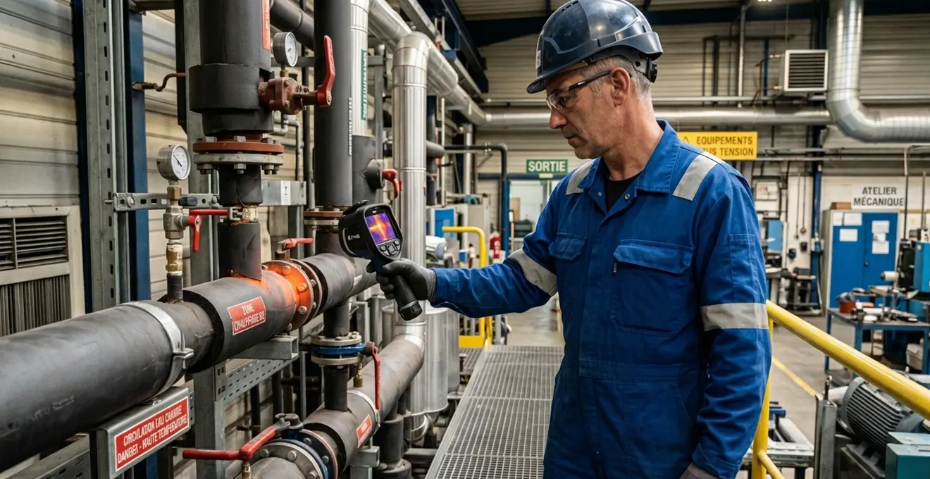 Technicien spécialisé utilisant une caméra thermique pour auditer des installations de chauffage industriel dans une usine française